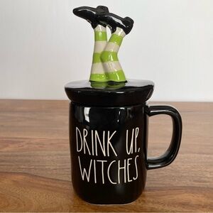 Rae Dunn Halloween DRINK UP WITCHES Black Mug with Green Witch’s Legs Topper